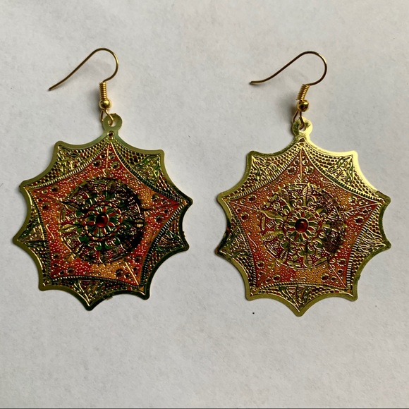 Gold Byzantine Flower Medallion Sun Drop Earrings - Picture 4 of 7